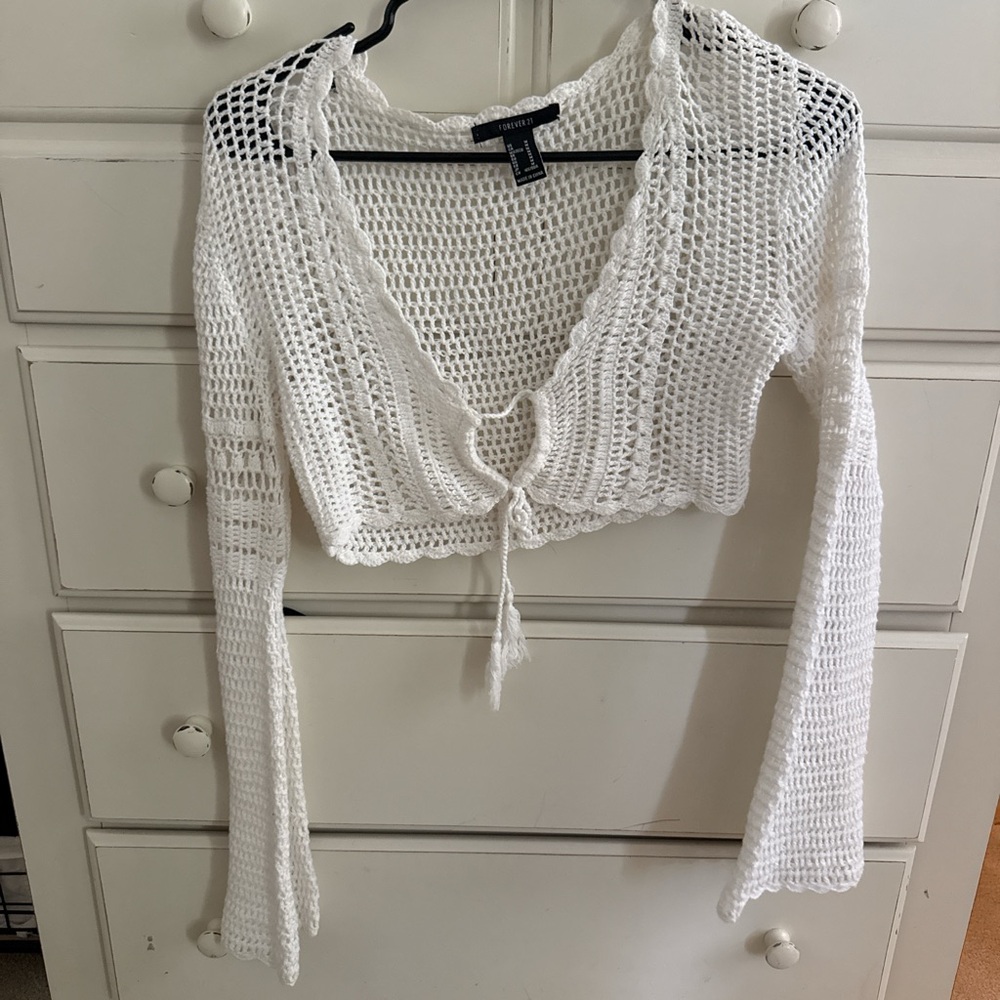 Forever 21 White Crocheted Tie-Front Long Sleeve Crop Top